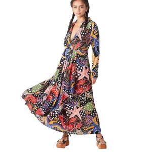 FARM RIO Under The Sea Print Plunging V-Neck Long Sleeve Maxi Dress M Rare